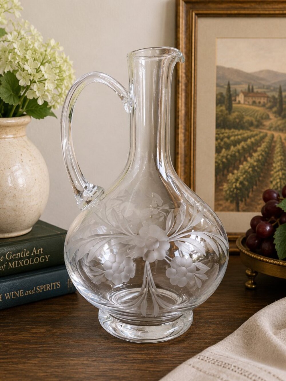 Vintage Etched Crystal Wine Decanter Carafe Grapes Floral 10.5" Hand Blown